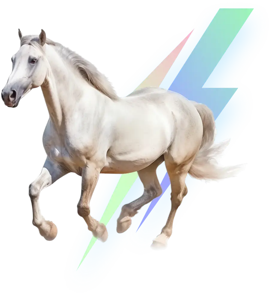 Cheval blanc au galop avec effets de lumière néon colorés sur fond sombre, concept dynamique de vitesse et de puissance avec un design numérique moderne.